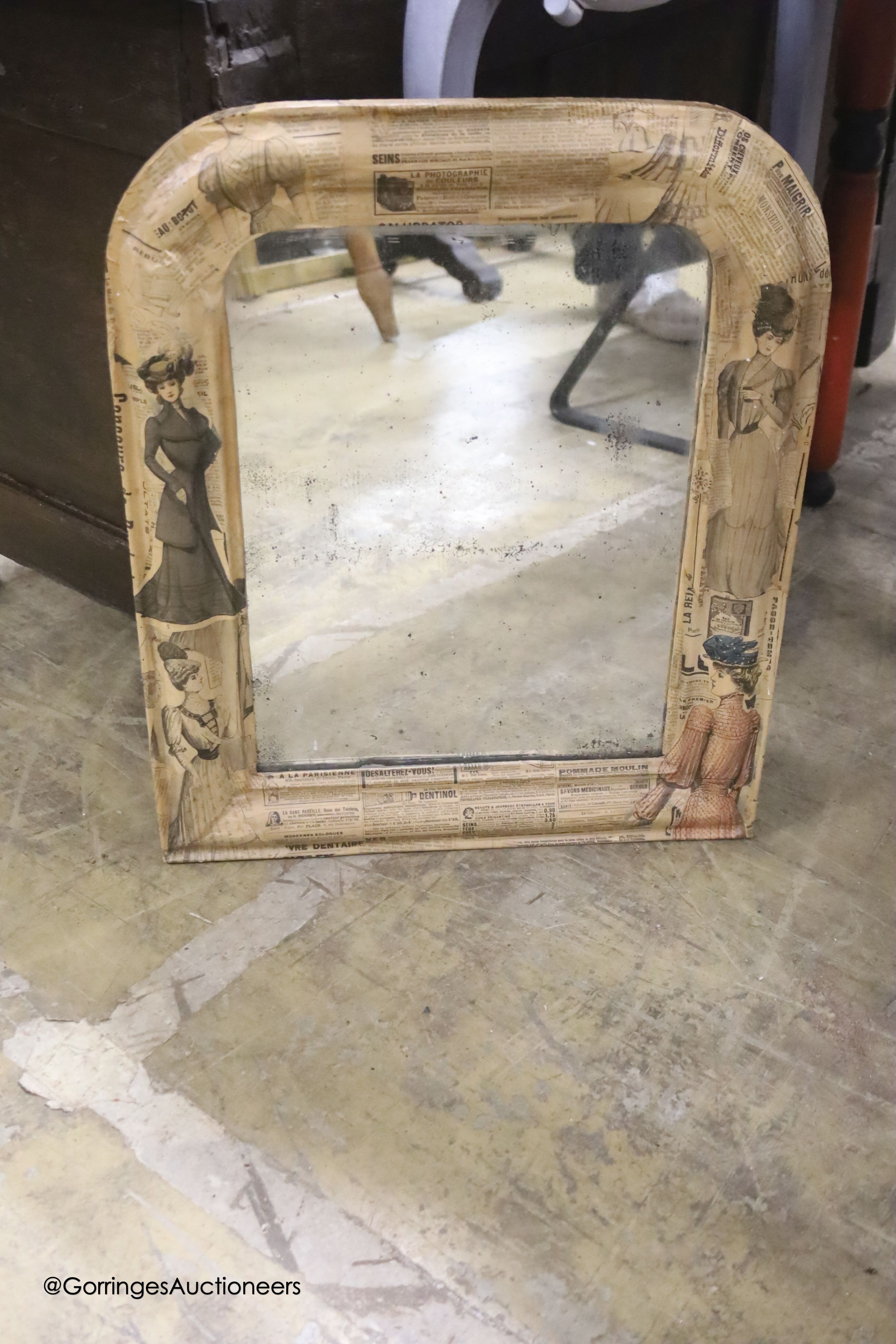 A Victorian later painted dressing table, width 75cm, depth 44cm, height 106cm together with a decoupage wall mirror